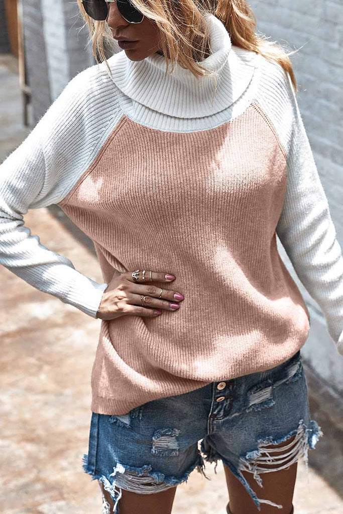 Hoombox  Contrasting High Neck Solid Sweater