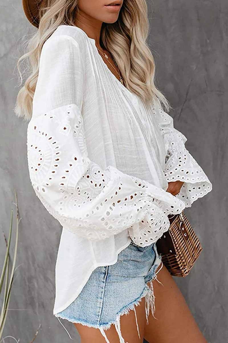 Hoombox  V-Neck Single Breasted Loose Flared Long Sleeves Tops (3 Color）