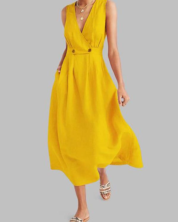 hoombox Commuting V Neck Pleated Solid Colour Button Dress