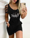 hoombox Sexy Hollow out Round Neck Print Skinny Mini Dress*