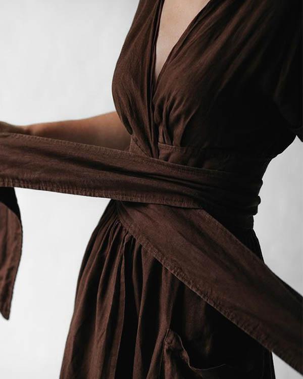 hoombox Elegant Solid V Neck Linen Bandage Waist Dresses