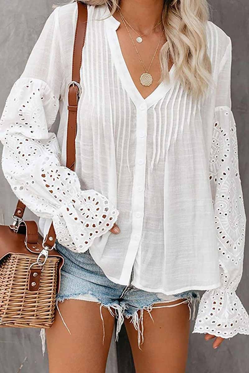 Hoombox  V-Neck Single Breasted Loose Flared Long Sleeves Tops (3 Color）