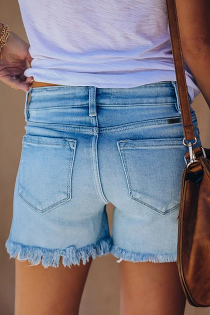 Hoombox  Ripped Fringed Solid Denim Shorts