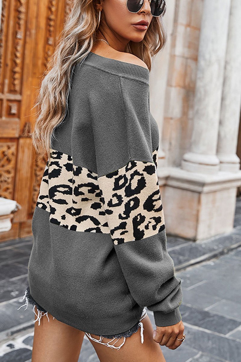 Hoombox  Leopard Splice Contrast V-neck Sweater