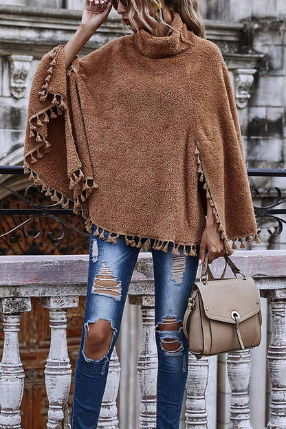 Hoombox  Loose High Neck Cape Coat With Fringed