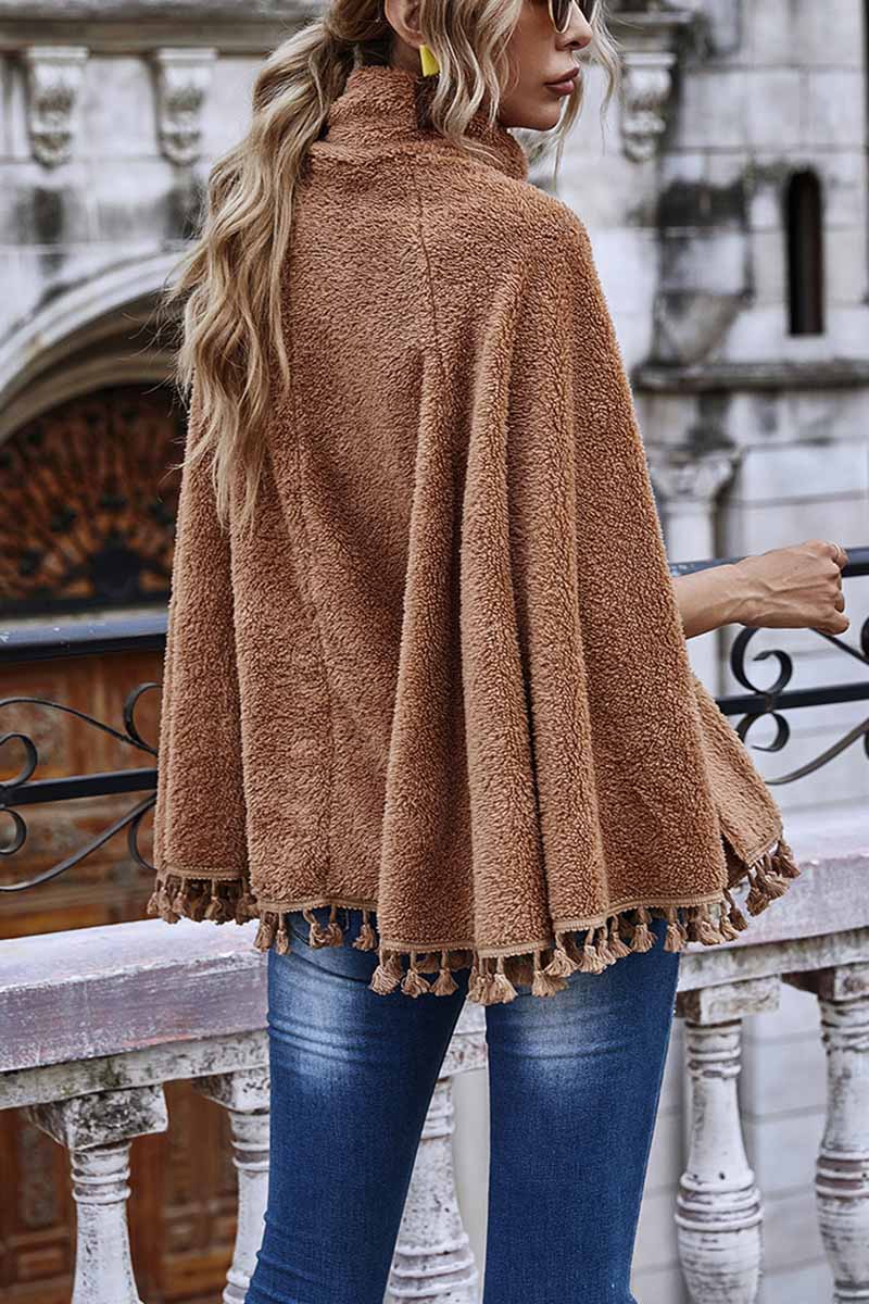 Hoombox  Loose High Neck Cape Coat With Fringed