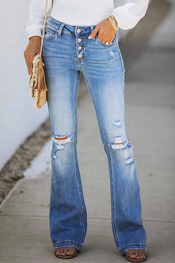 Hoombox  Mid Rise Button Front Flare Denim Jeans