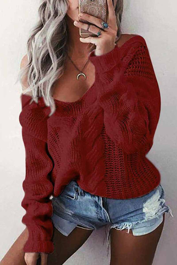 Hoombox  Loose V-Neck Wwist Long Sleeve Sweater