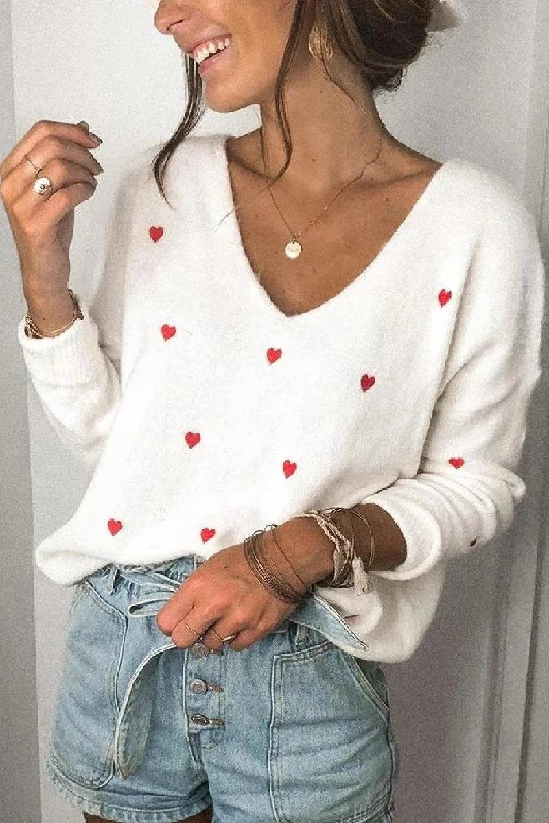 Hoombox  Loose V-Neck Heart-Shaped Knitted Sweater