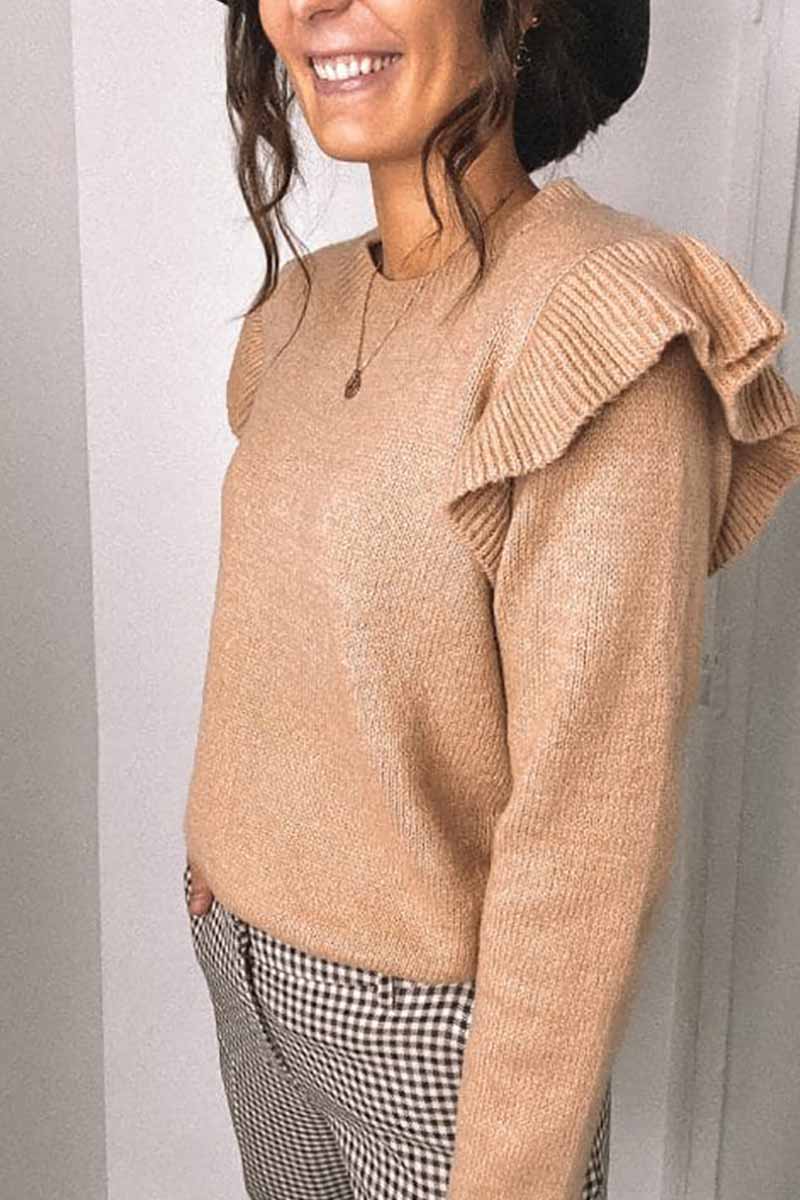 Hoombox  Solid Color Ruffle Knitted Sweater