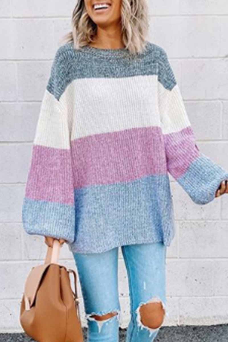Hoombox  Contrast Striped Loose Round Neck Sweater