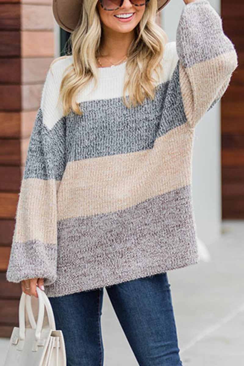 Hoombox  Contrast Striped Loose Round Neck Sweater