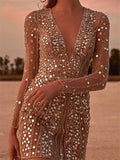 hoombox V-Neck Long-Sleeved Gold-Sprinkled Dress