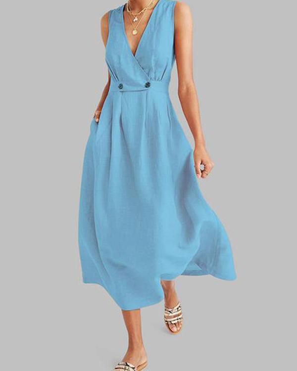 hoombox Commuting V Neck Pleated Solid Colour Button Dress