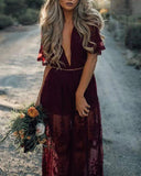hoombox Sexy V Neck Floral Hollow Transparent Holiday Maxi Dress*