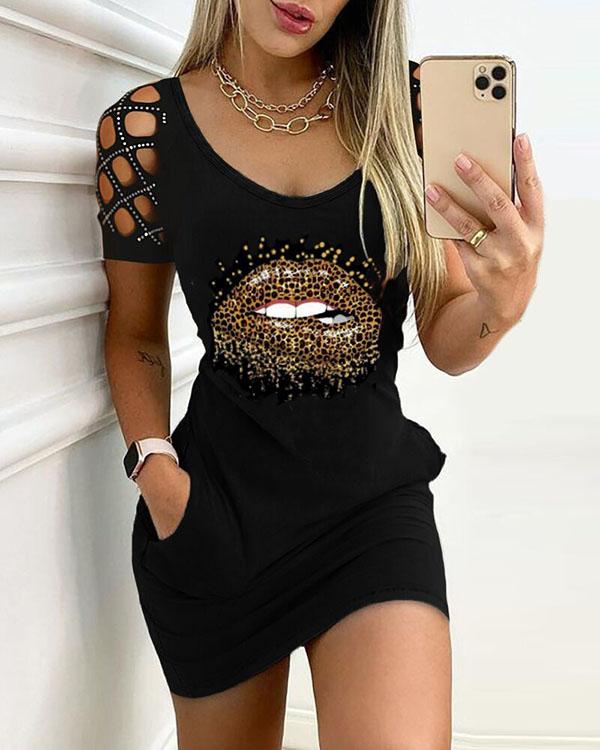 hoombox Sexy Hollow out Round Neck Print Skinny Mini Dress*