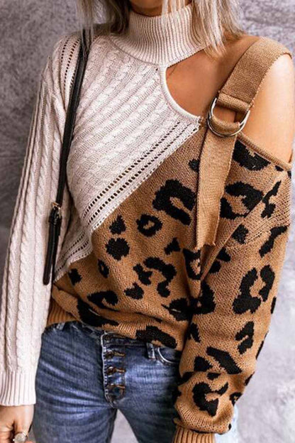 Hoombox Hoombox Turtleneck Leopard Print Patchwork Cold Sweater